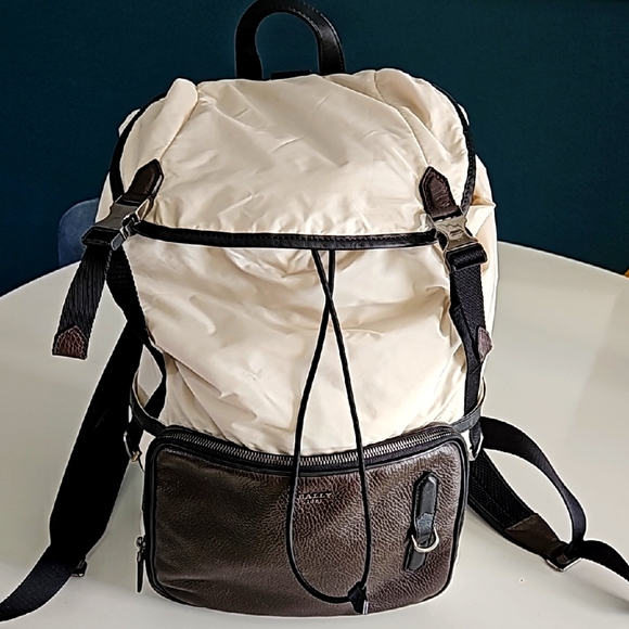 Bally Stylish Cream Nylonand Brown Leather Backpack